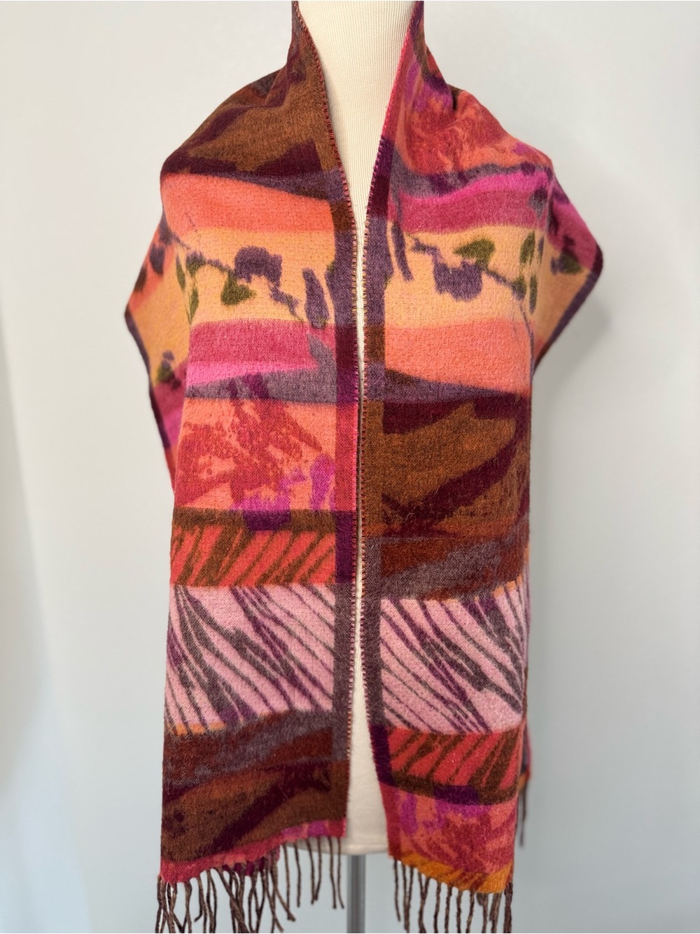 Cashmink V Fraas German Abstract Sunset Scarf Fringe Orange Pink Purple Plaid